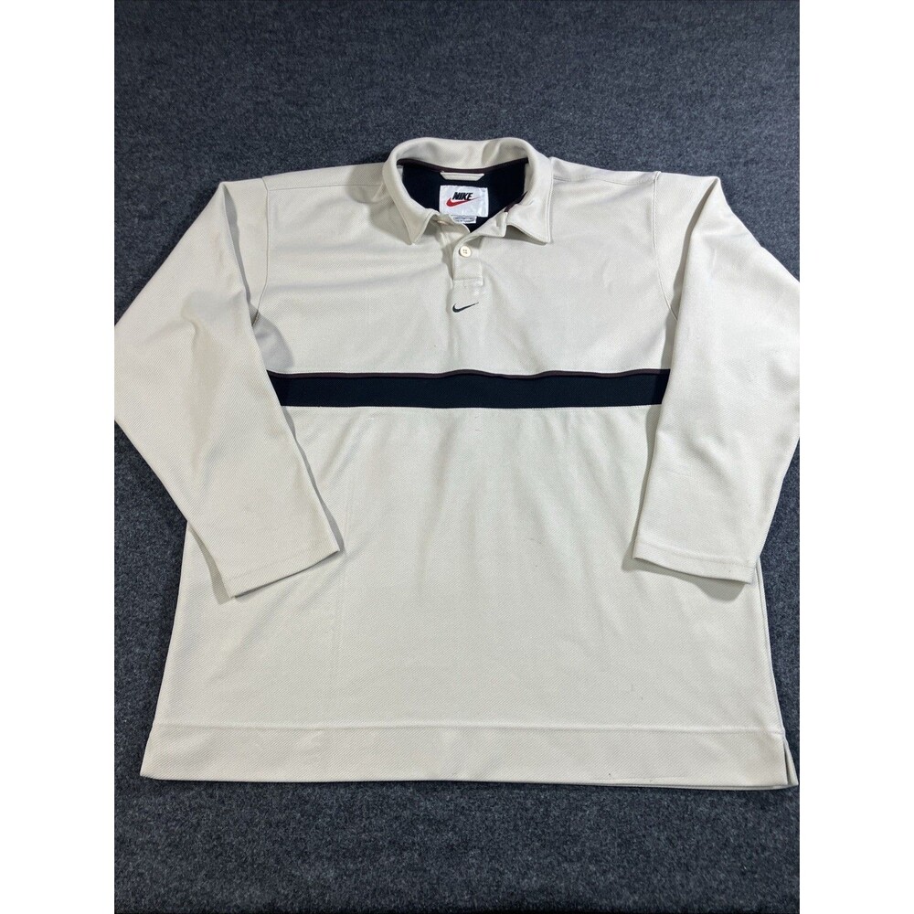 Vintage 90s Nike Center Mini Swoosh Long Sleeve Polo Shirt White Tag Cream XL